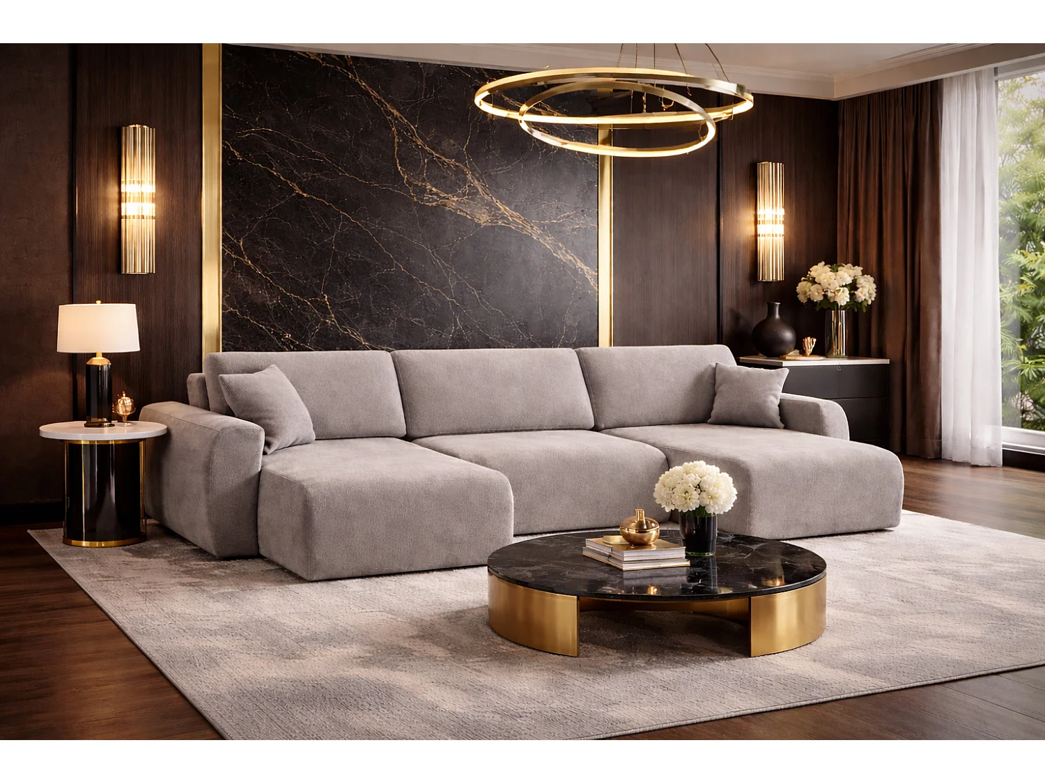 Divano angolare con funzione letto e contenitore a U Ariel U, velluto Salvador, Grigio