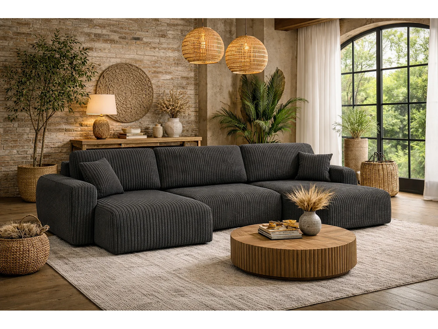 Hoekbank met slaapfunctie en opbergruimte U-vorm Ariel U XL, ribstof Poso, Grijs