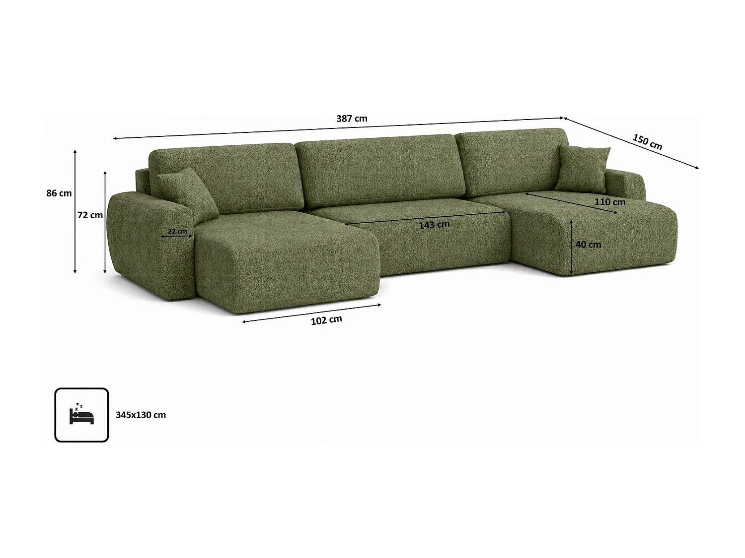Hoekbank met slaapfunctie en opbergruimte U-vorm Ariel U XL, chenille stof Artico, Moss