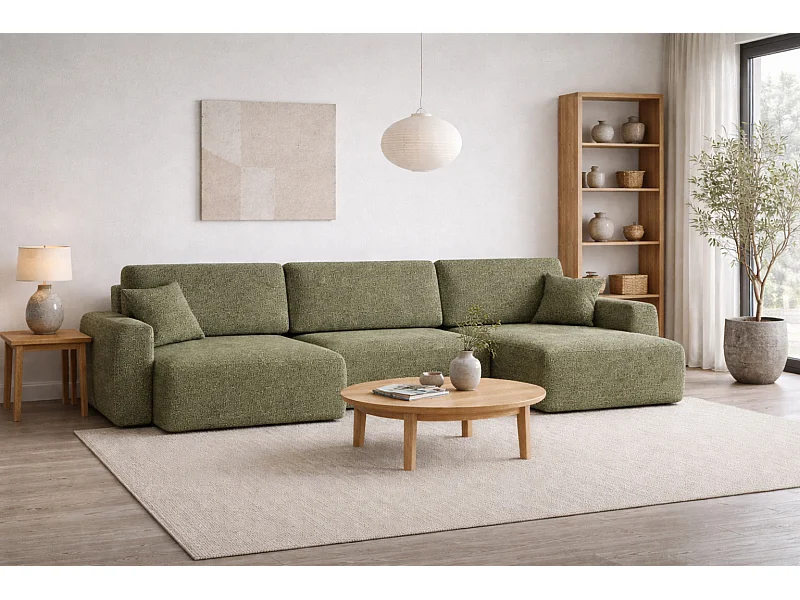 Divano angolare con funzione letto e contenitore a U Ariel U, tessuto chenille Artico, Muschio