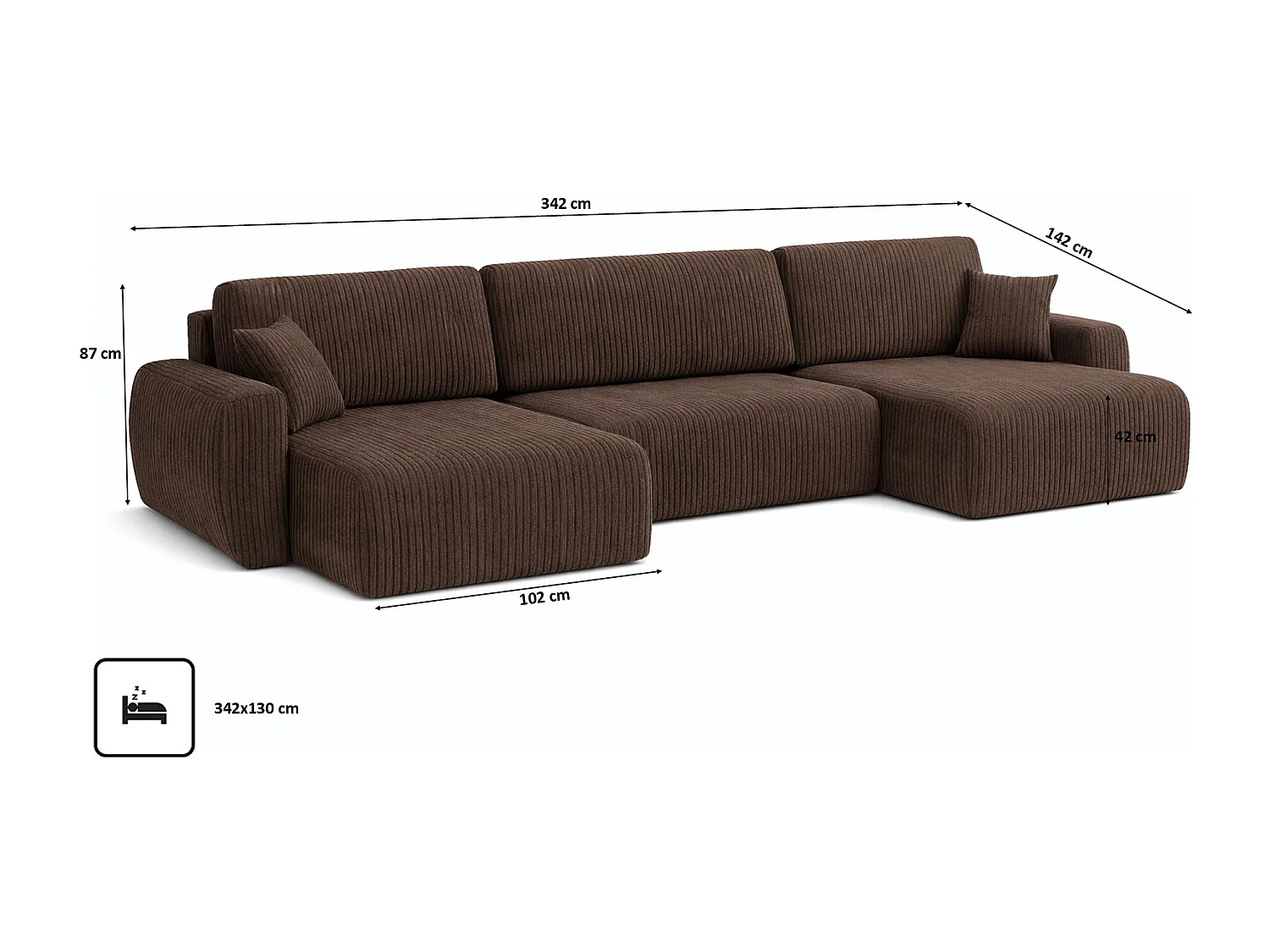 Divano angolare con funzione letto e contenitore a U Ariel U, tessuto a coste Poso, Marrone