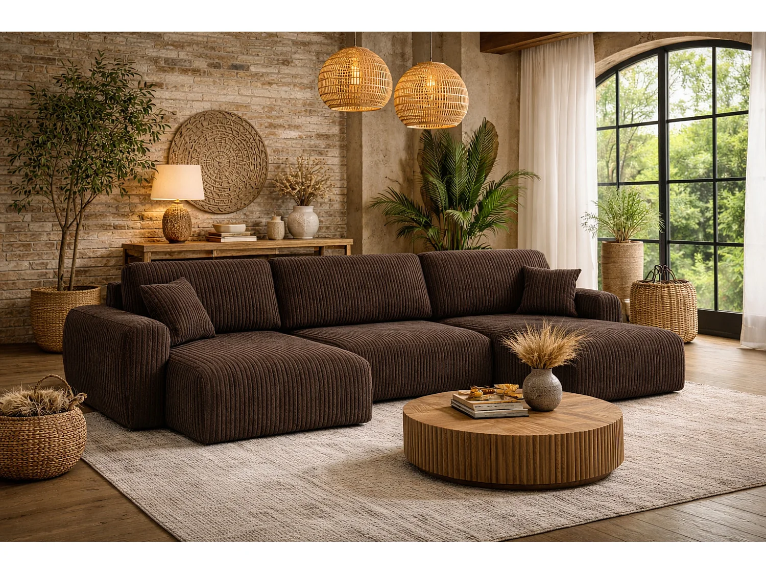 Hoekbank met slaapfunctie en opbergruimte U-vorm Ariel U XL, ribstof Poso, Bruin