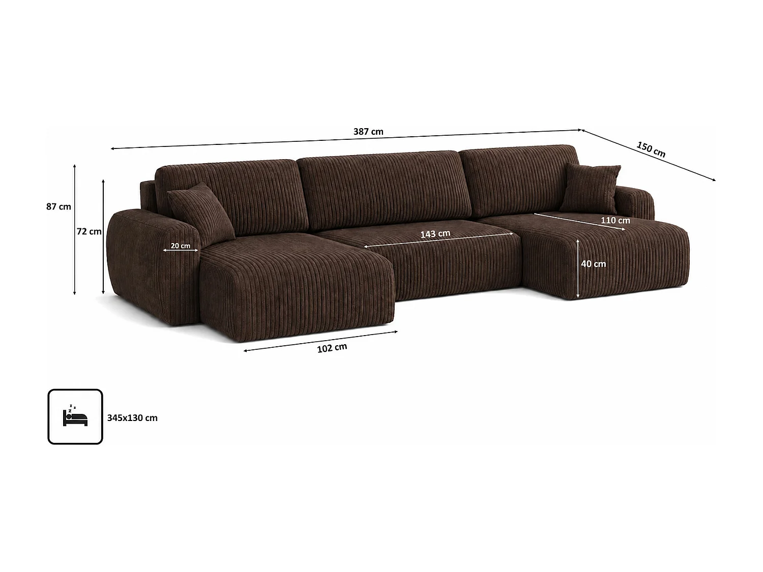 Hoekbank met slaapfunctie en opbergruimte U-vorm Ariel U XL, ribstof Poso, Bruin