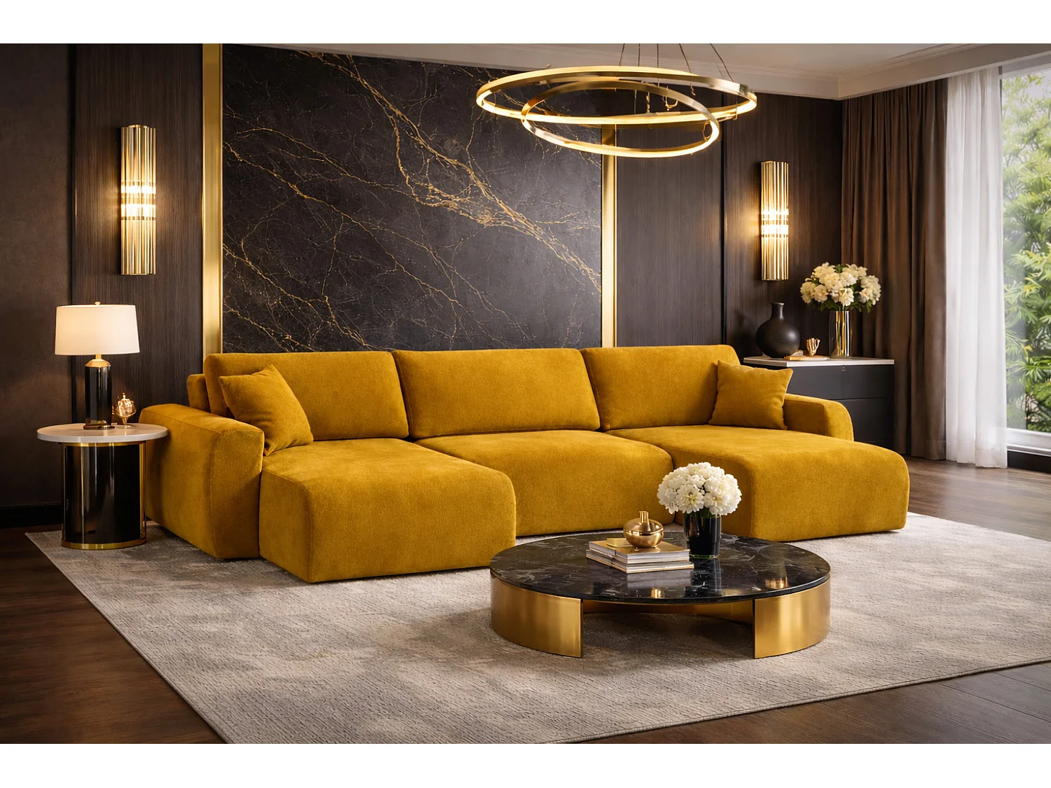 Canapé d’angle avec fonction couchage et coffre en U Ariel U XL, velours Salvador, Jaune