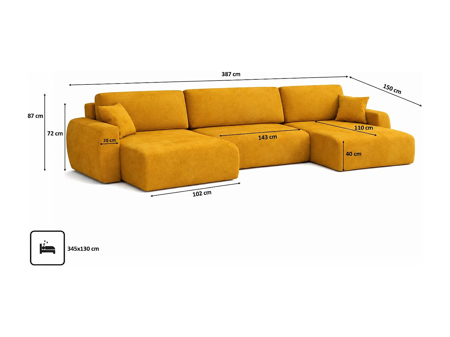 Canapé d’angle avec fonction couchage et coffre en U Ariel U XL, velours Salvador, Jaune