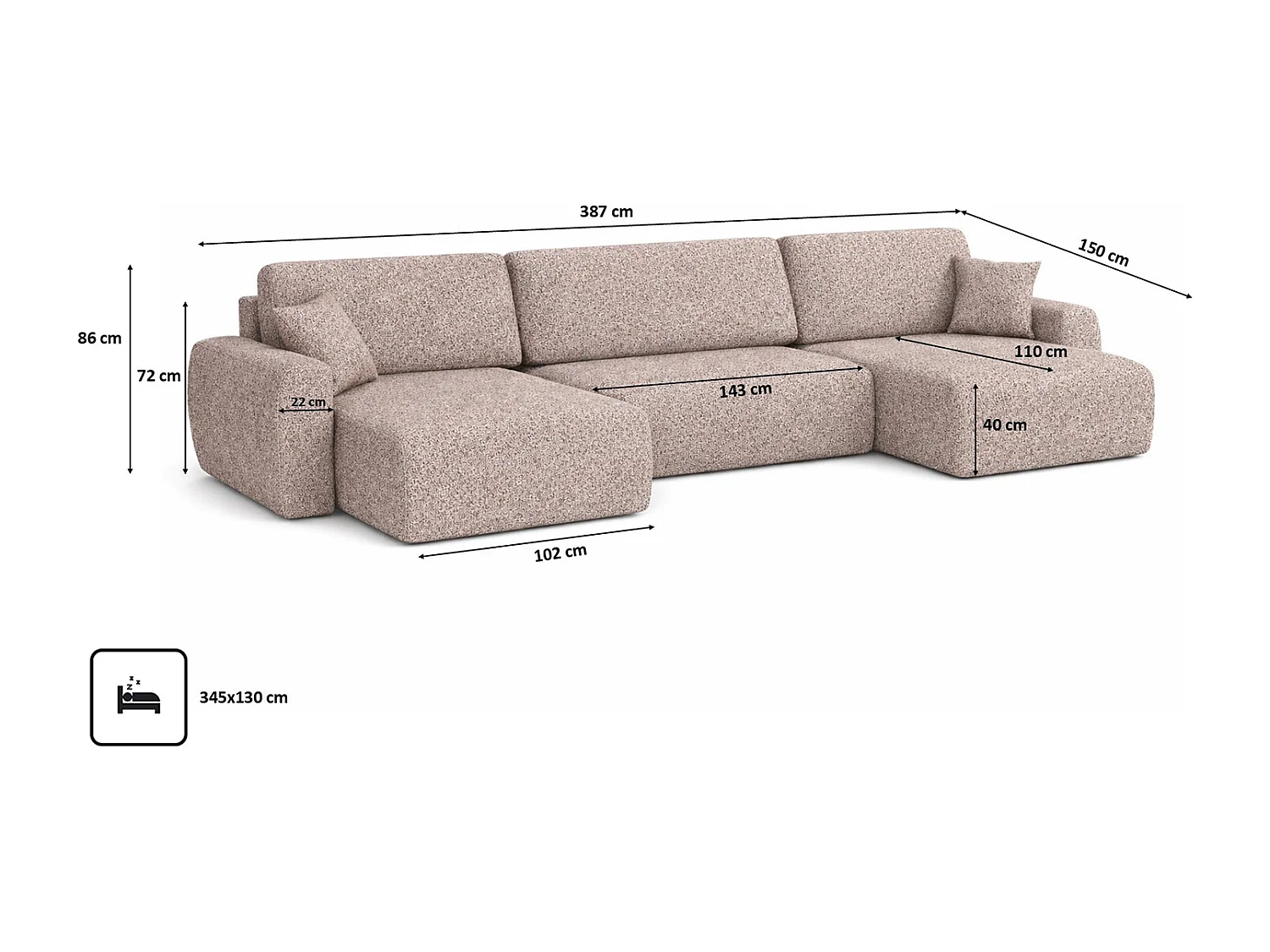 Hoekbank met slaapfunctie en opbergruimte U-vorm Ariel U XL, chenille stof Artico, Beige