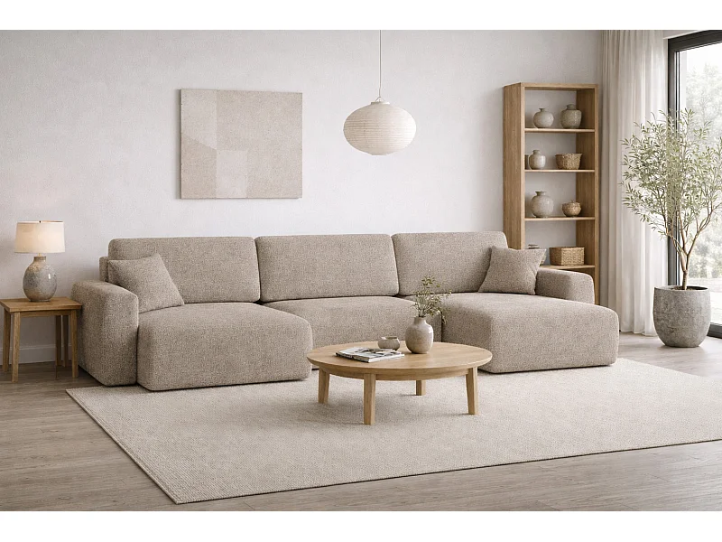 Canapé d’angle avec fonction couchage et coffre en U Ariel U, tissu chenille Artico, Beige