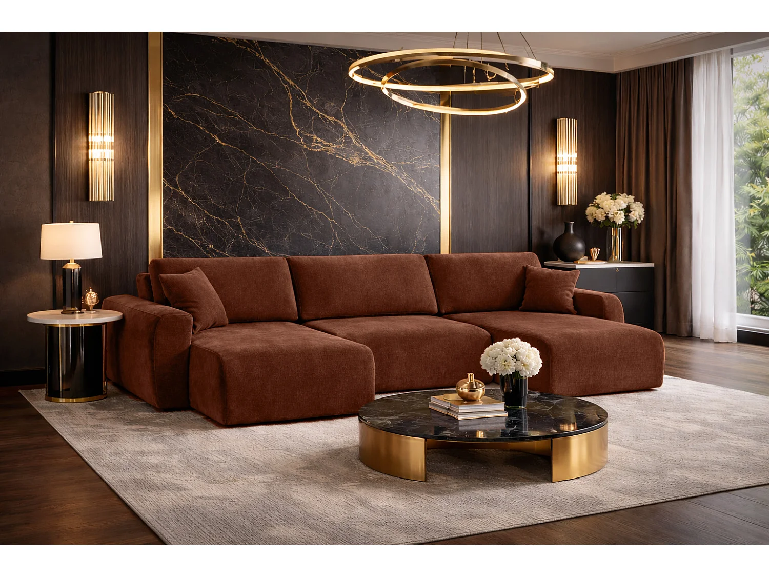 Hoekbank met slaapfunctie en opbergruimte U-vorm Ariel U XL, velours Salvador, Donkerbruin