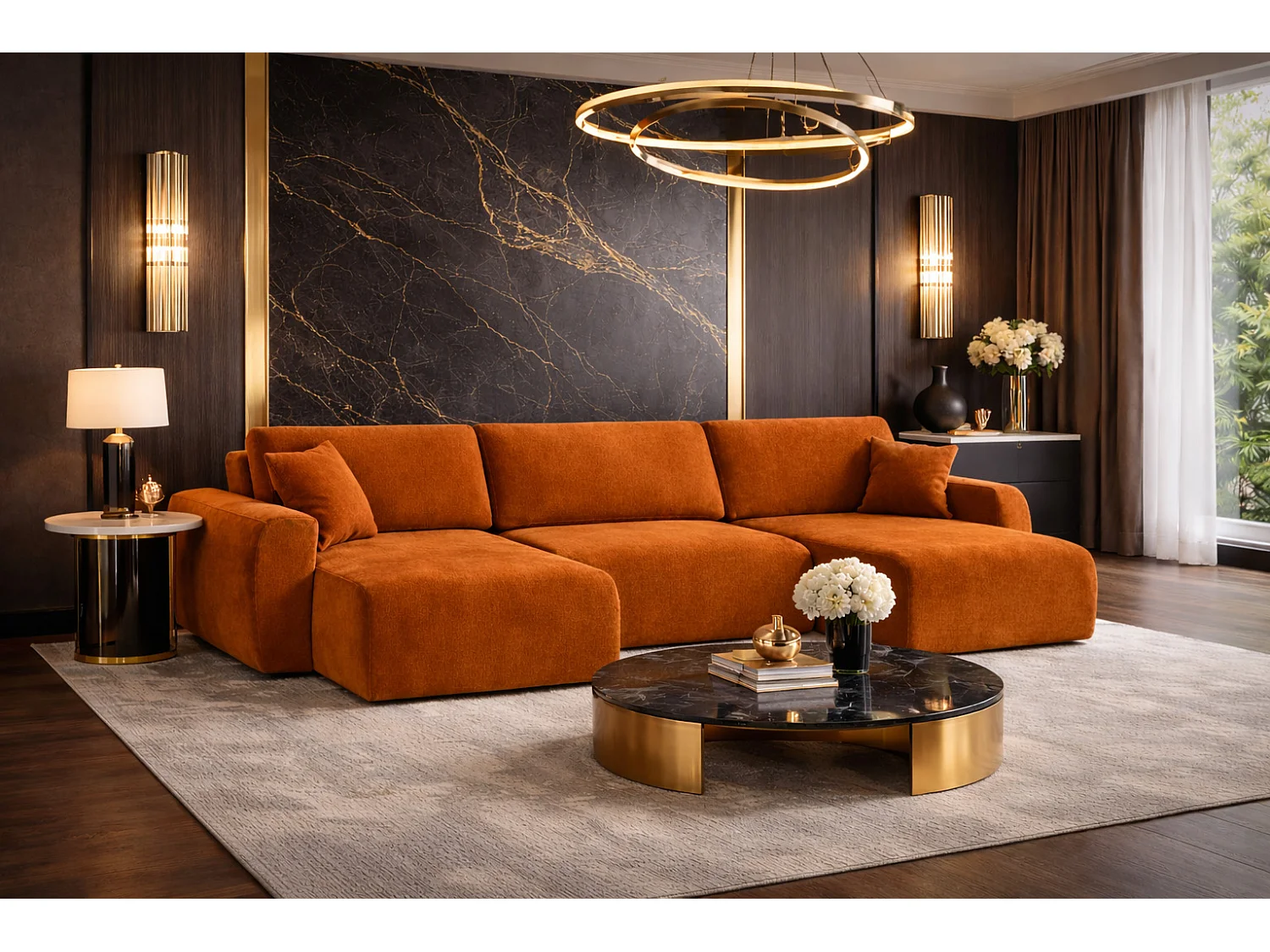 Hoekbank met slaapfunctie en opbergruimte U-vorm Ariel U XL, velours Salvador, Bruin