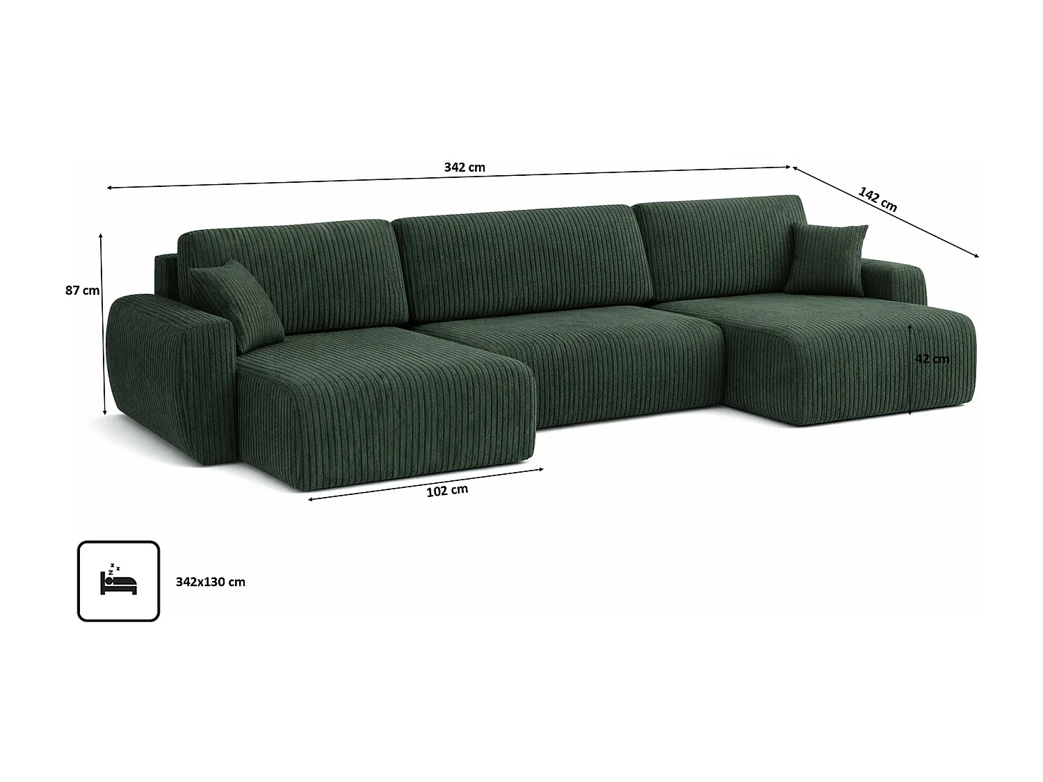 Divano angolare con funzione letto e contenitore a U Ariel U, tessuto a coste Poso, Verde