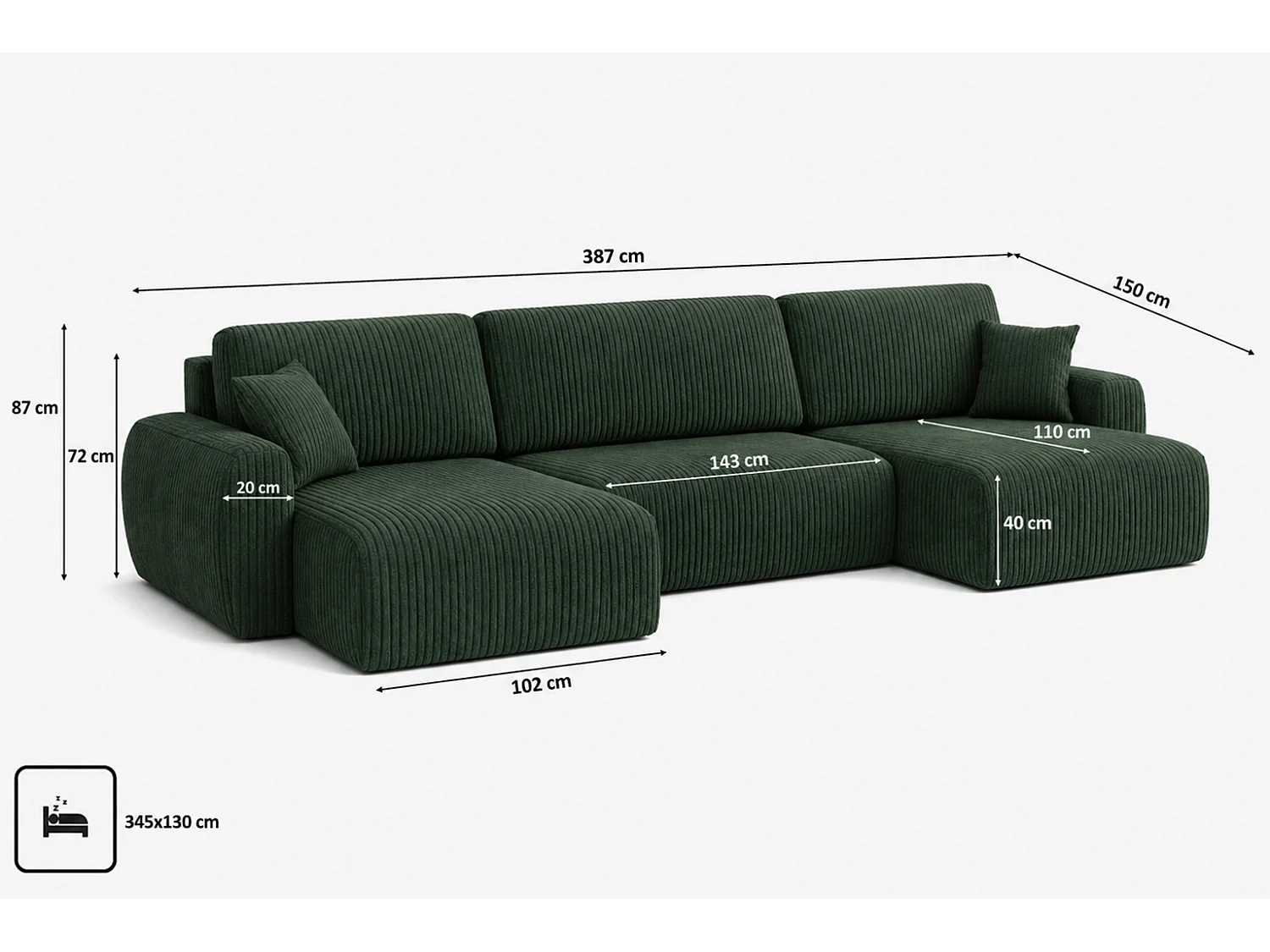 Hoekbank met slaapfunctie en opbergruimte U-vorm Ariel U XL, ribstof Poso, Groen