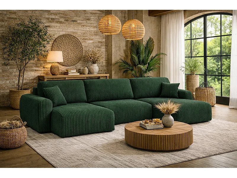 Divano angolare con funzione letto e contenitore a U Ariel U, tessuto a coste Poso, Verde