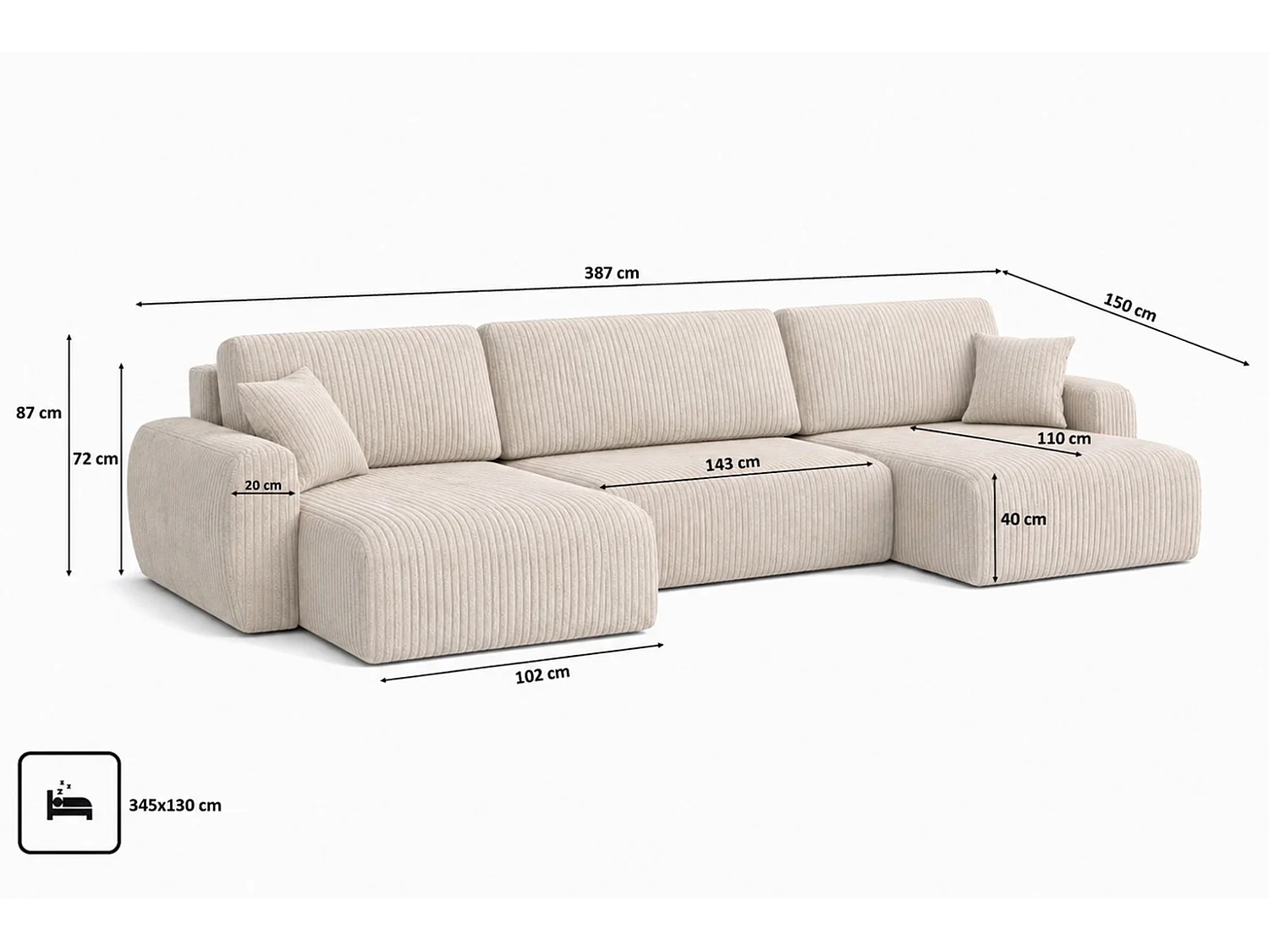 Hoekbank met slaapfunctie en opbergruimte U-vorm Ariel U XL, ribstof Poso, Beige