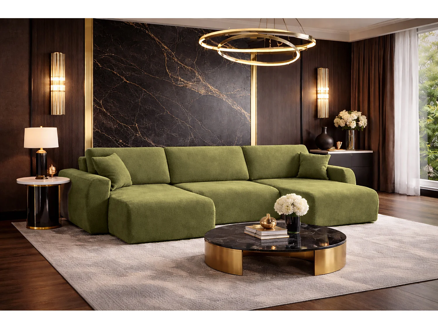 Hoekbank met slaapfunctie en opbergruimte U-vorm Ariel U XL, velours Salvador, Olijfgroen