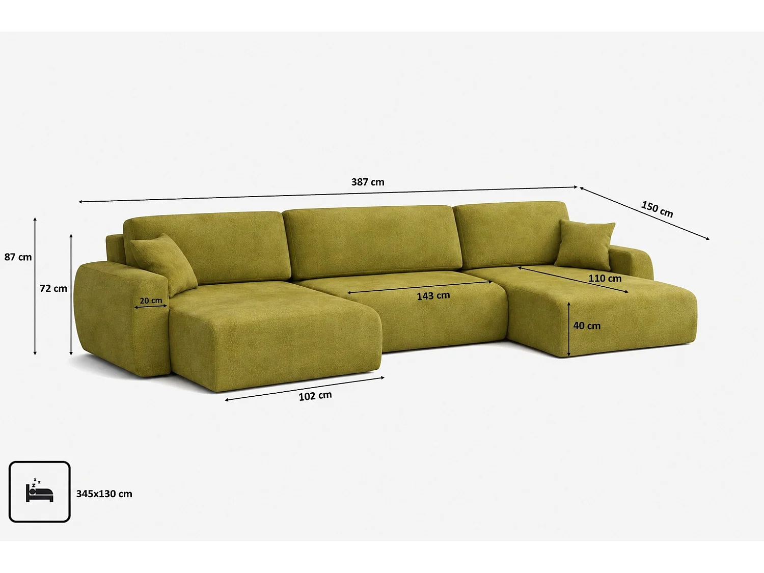 Hoekbank met slaapfunctie en opbergruimte U-vorm Ariel U XL, velours Salvador, Olijfgroen