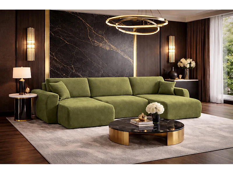 Divano angolare con funzione letto e contenitore a U Ariel U, velluto Salvador, Oliva