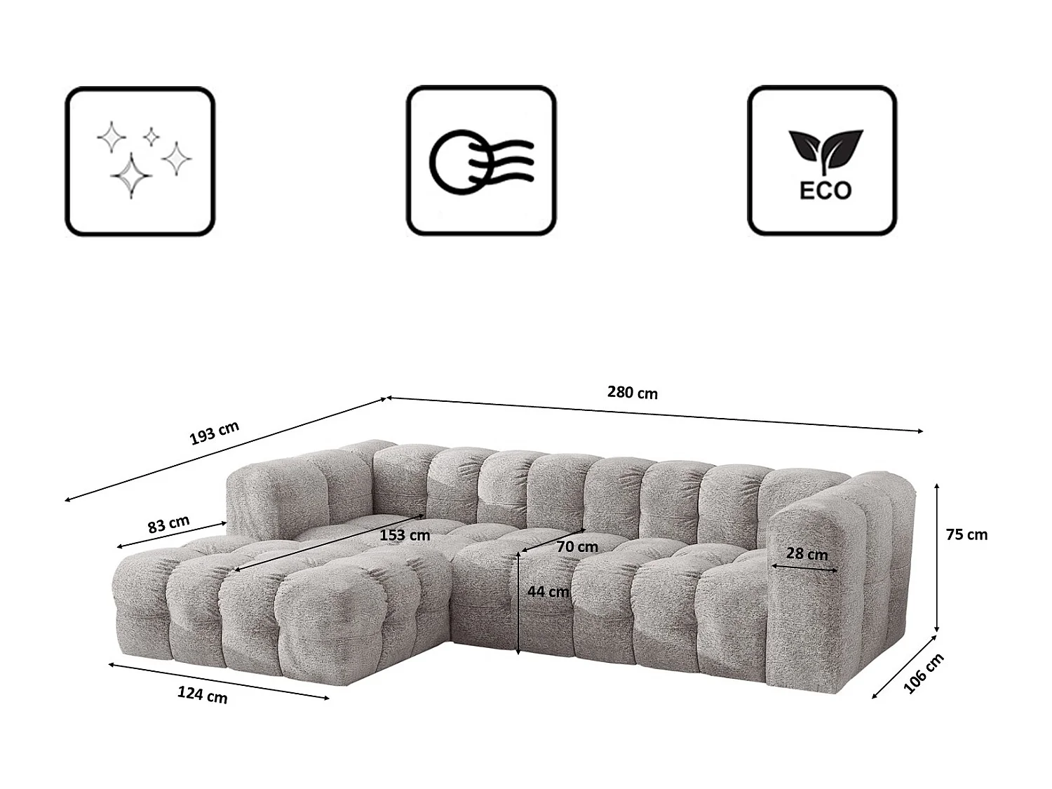 Divano angolare a L BALOO L, tessuto chenille Arena, Grigio chiaro, Sinistra