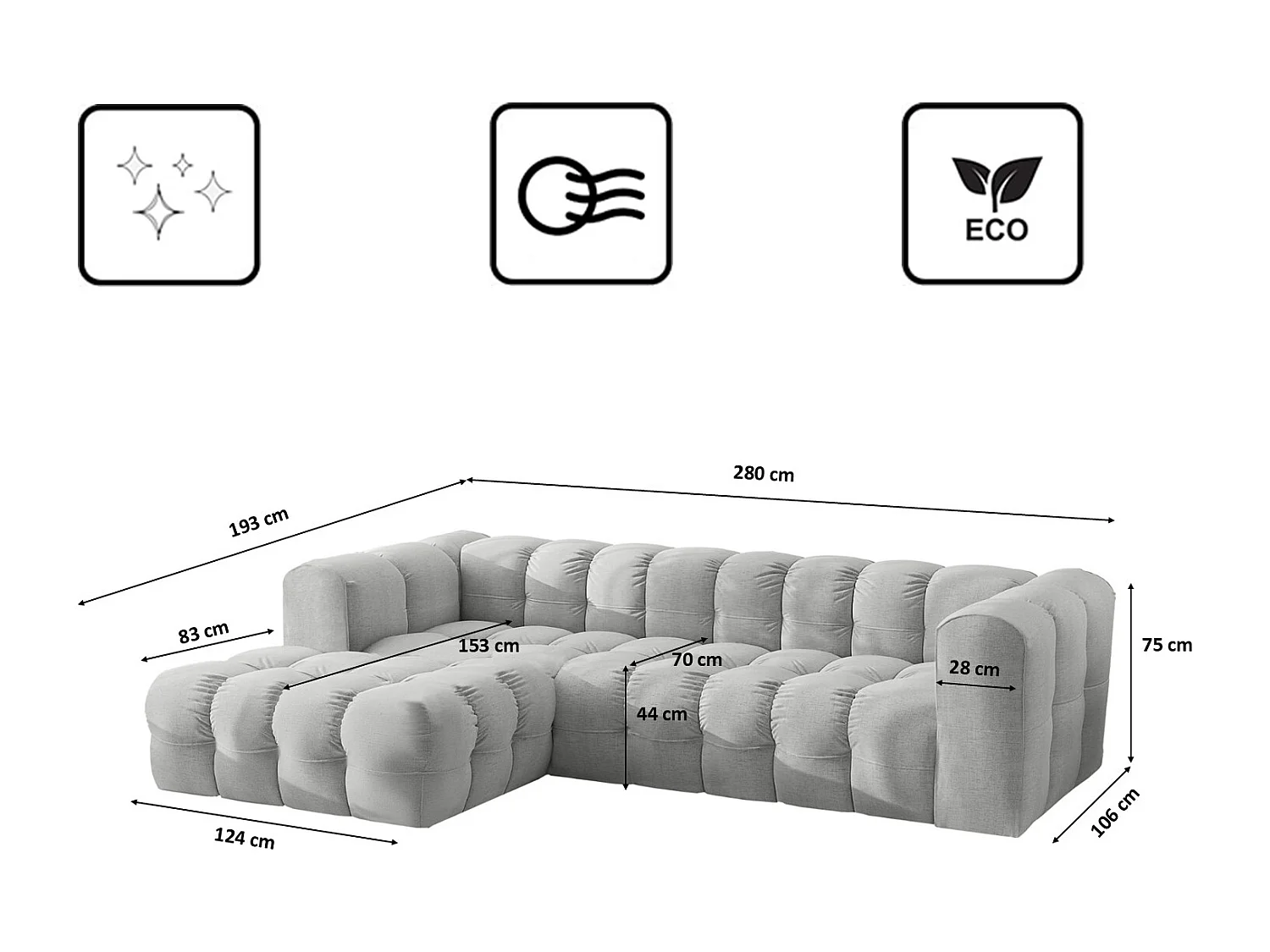 Divano angolare a L BALOO L, tessuto chenille Moly, Grigio chiaro, Sinistra