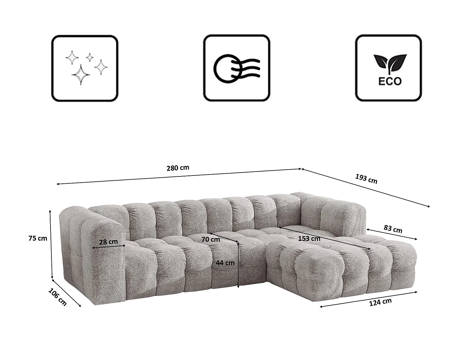 Divano angolare a L BALOO L, tessuto chenille Arena, Grigio chiaro, Destra