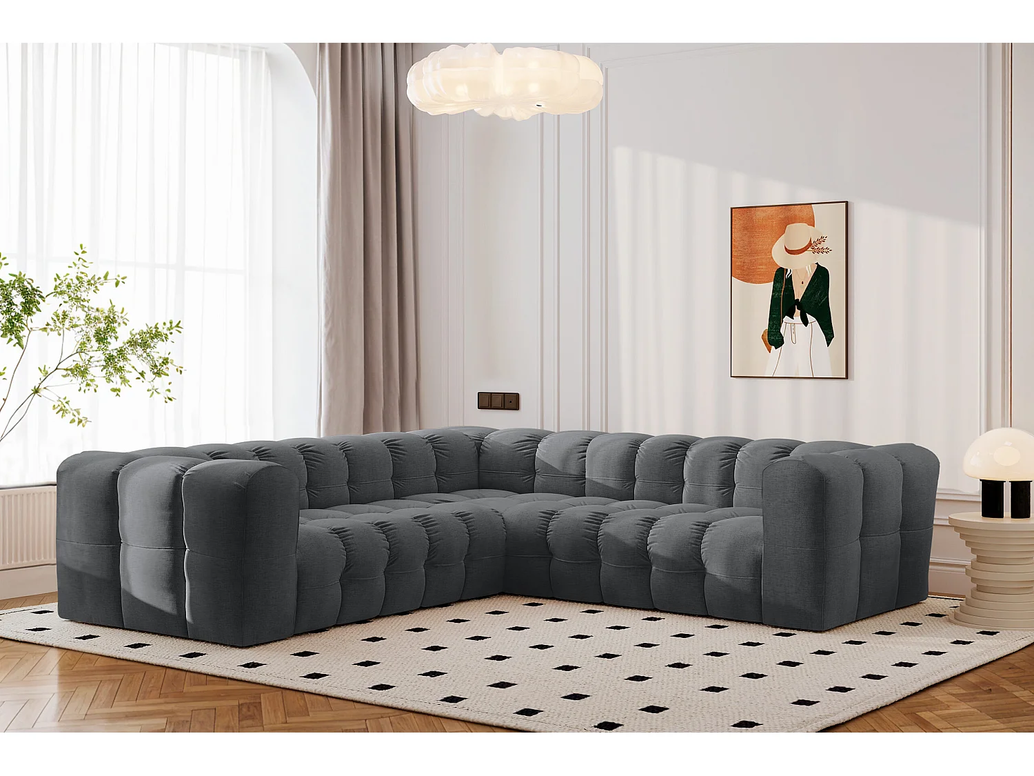 Divano angolare corner con impunture BALOO, tessuto chenille Moly, Grafite