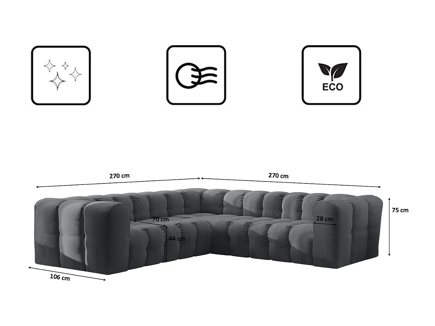 Divano angolare corner con impunture BALOO, tessuto chenille Moly, Grafite