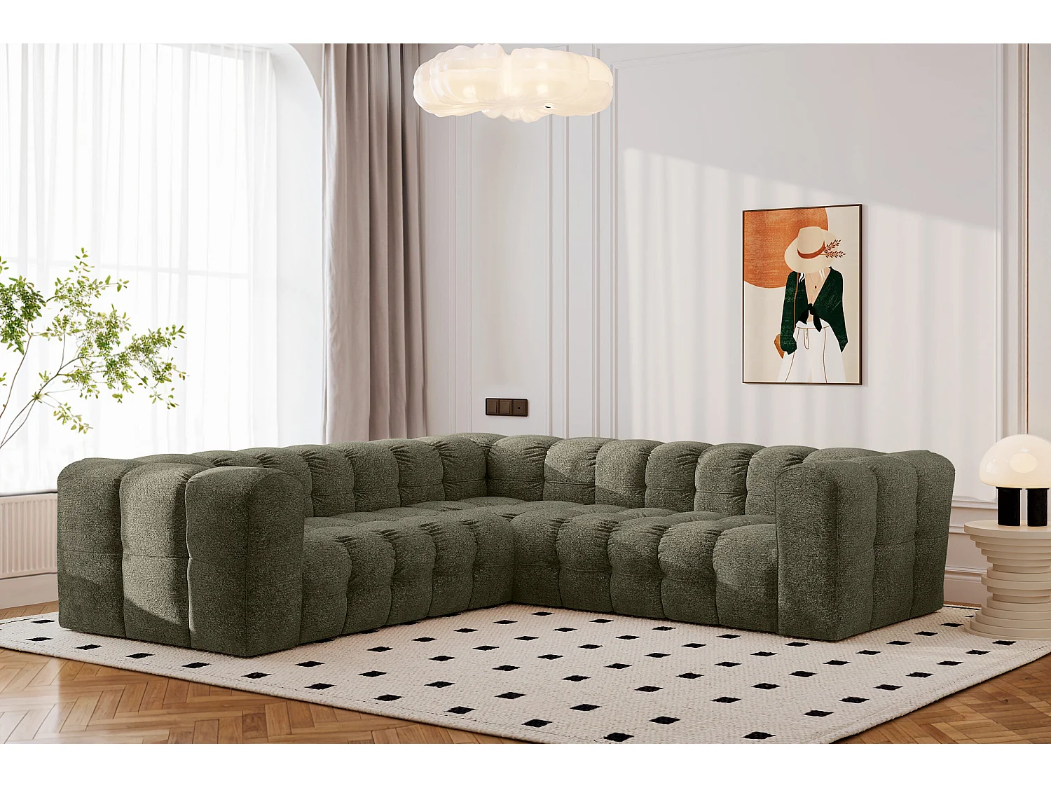 Divano angolare corner con impunture BALOO, tessuto chenille Arena, Verde