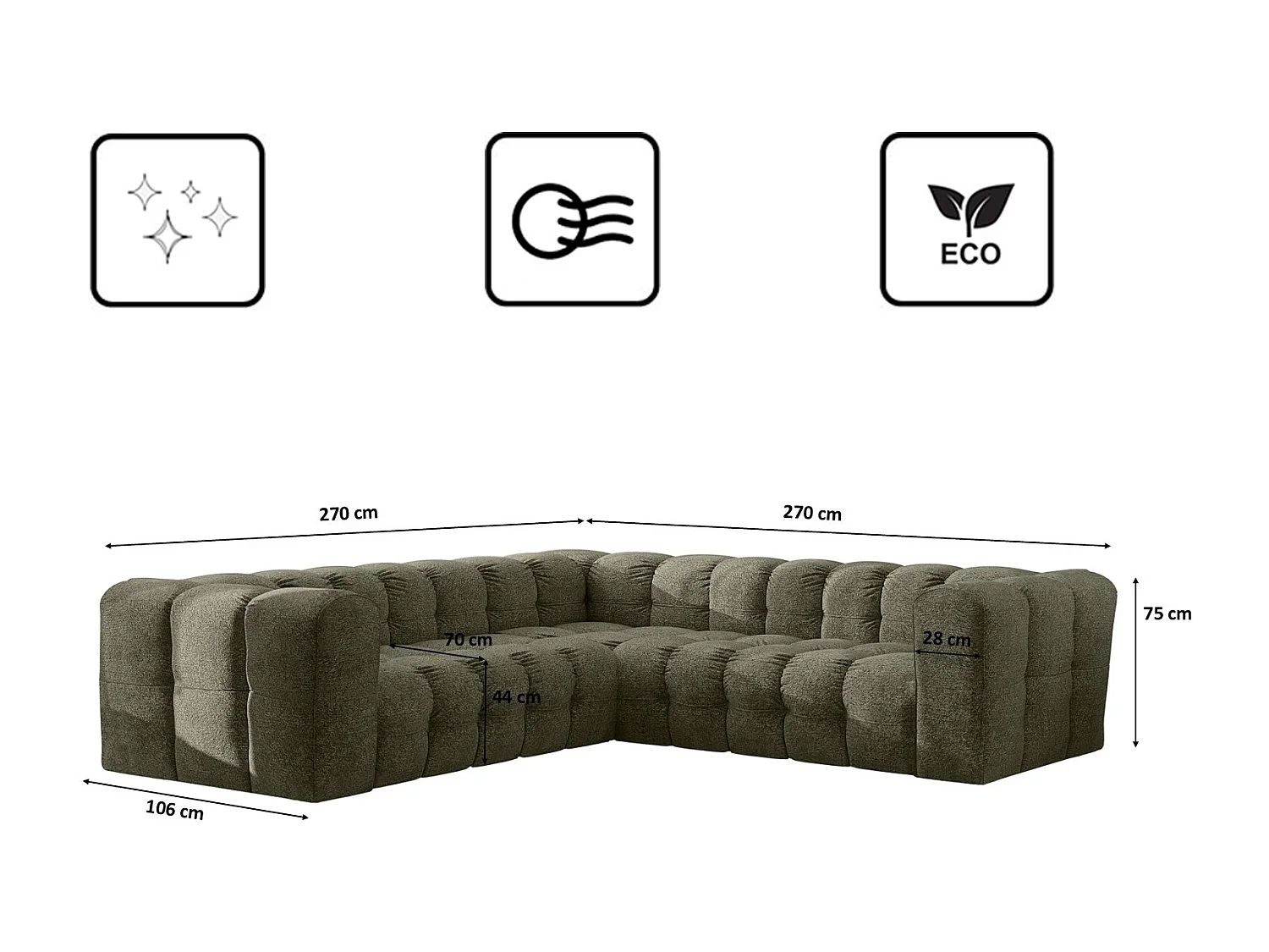 Divano angolare corner con impunture BALOO, tessuto chenille Arena, Verde