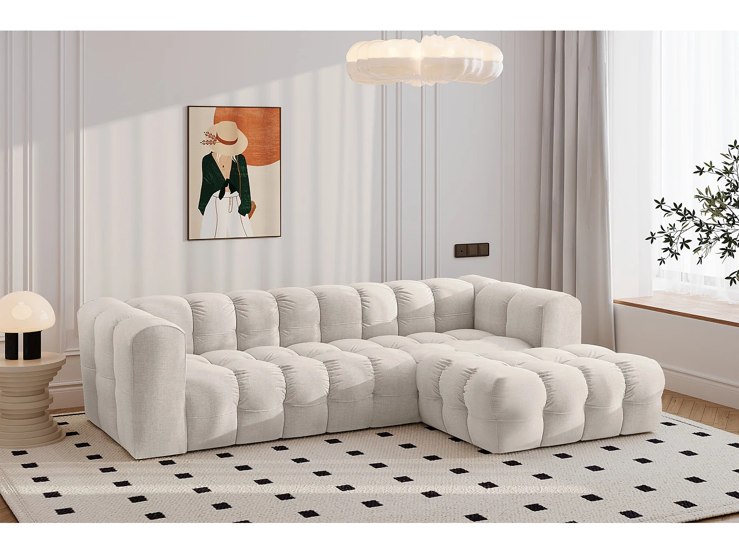 Divano angolare a L BALOO L, tessuto chenille Moly, Ecrù, Destra