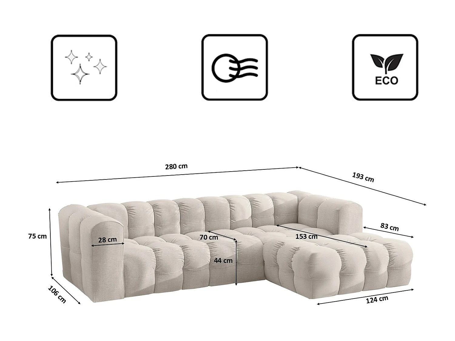 Divano angolare a L BALOO L, tessuto chenille Moly, Ecrù, Destra