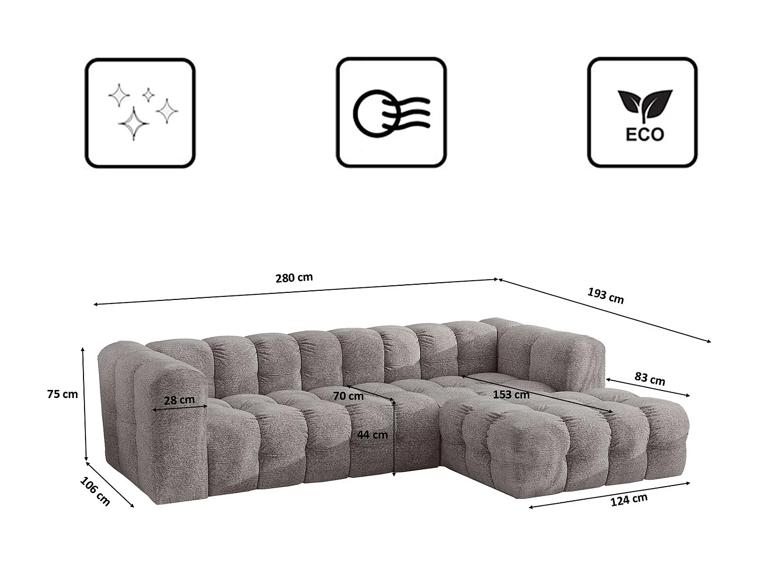 Divano angolare a L BALOO L, tessuto chenille Arena, Grigio, Destra