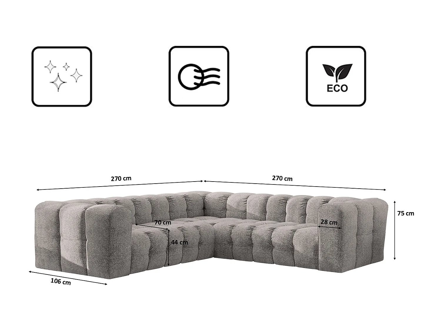 Divano angolare corner con impunture BALOO, tessuto chenille Arena, Grigio