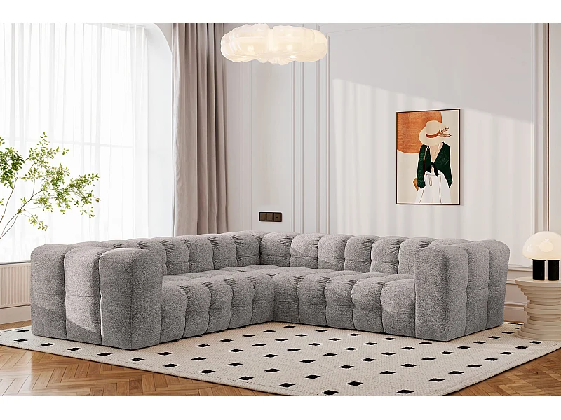 Divano angolare corner con impunture BALOO, tessuto chenille Arena, Grigio