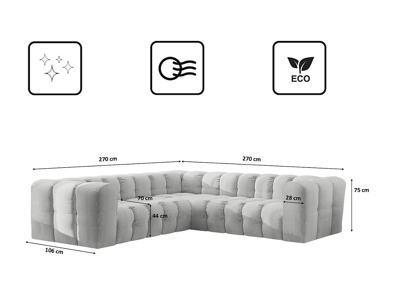 Divano angolare corner con impunture BALOO, tessuto chenille Moly, Grigio chiaro