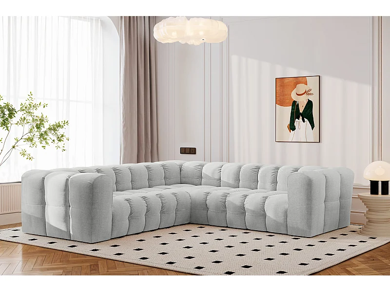 Divano angolare corner con impunture BALOO, tessuto chenille Moly, Grigio chiaro