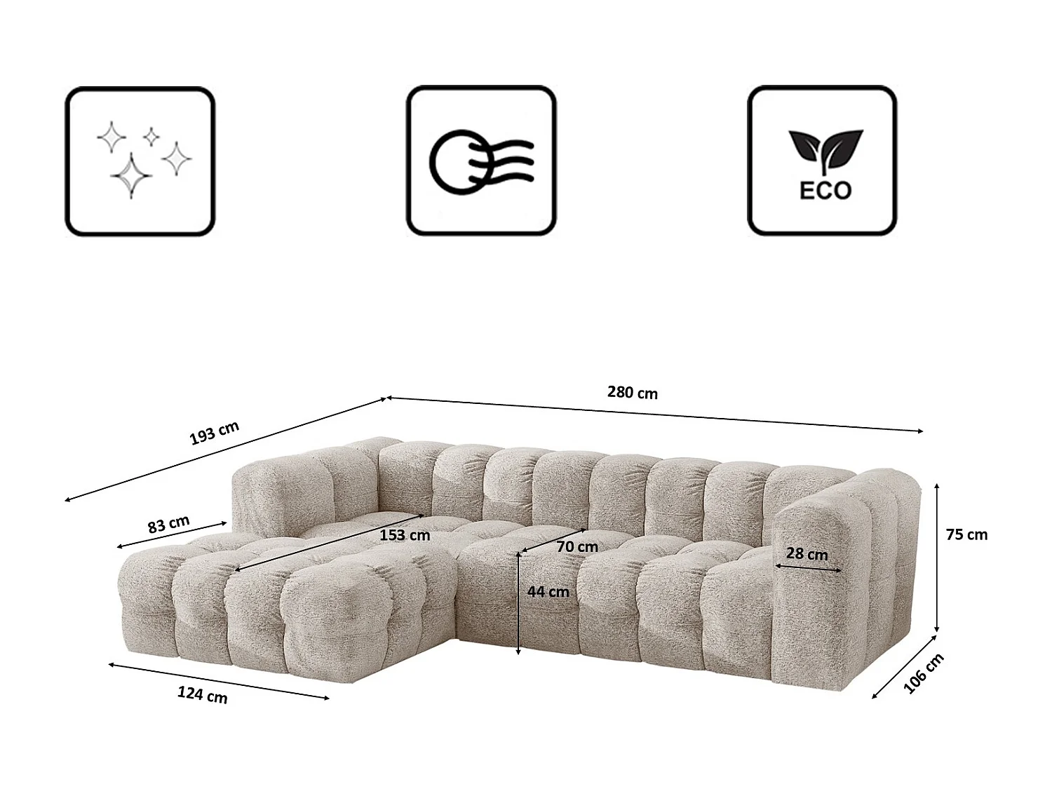 Divano angolare a L BALOO L, tessuto chenille Arena, Ecrù, Sinistra