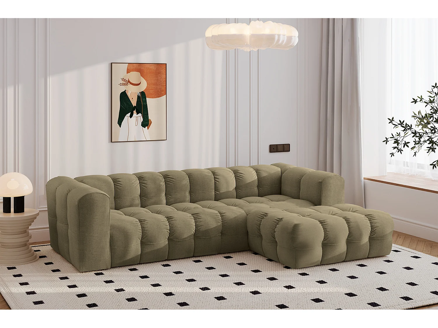 Divano angolare a L BALOO L, tessuto chenille Moly, Oliva, Destra