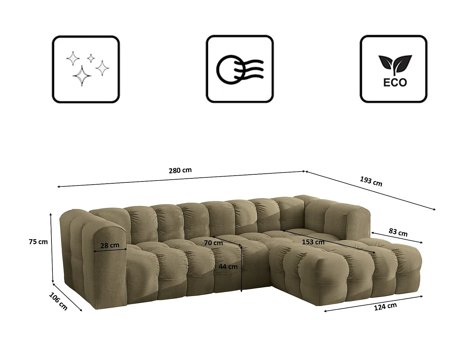 Divano angolare a L BALOO L, tessuto chenille Moly, Oliva, Destra