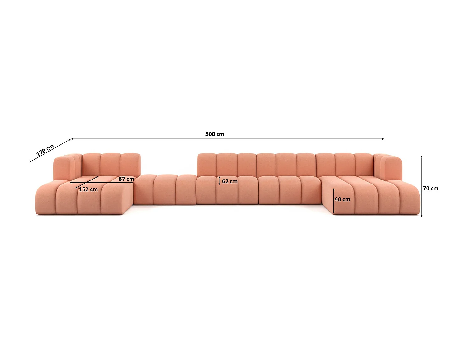 Hoekbank, U-vorm sofa Grand U Big XL 500 cm, veloursstof Salvador, Roze