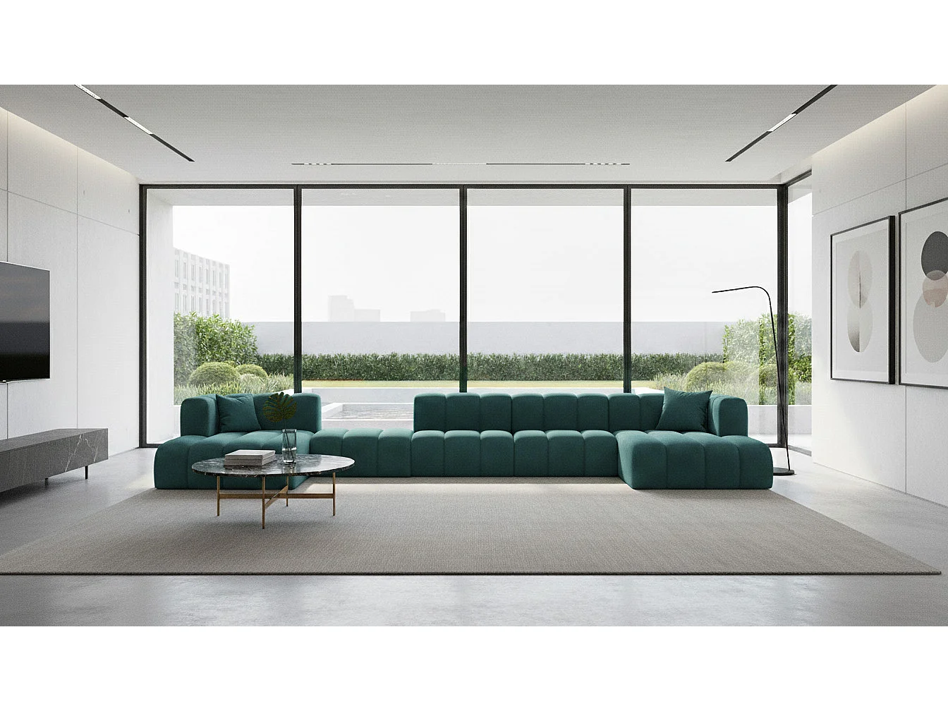 Hoekbank, U-vorm sofa Grand U Big XL 500 cm, veloursstof Salvador, Azuurblauw