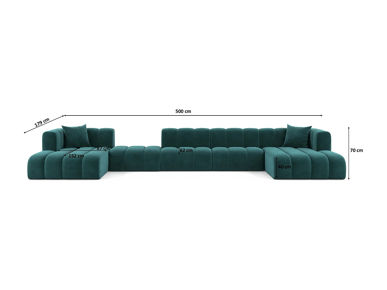 Hoekbank, U-vorm sofa Grand U Big XL 500 cm, veloursstof Salvador, Azuurblauw