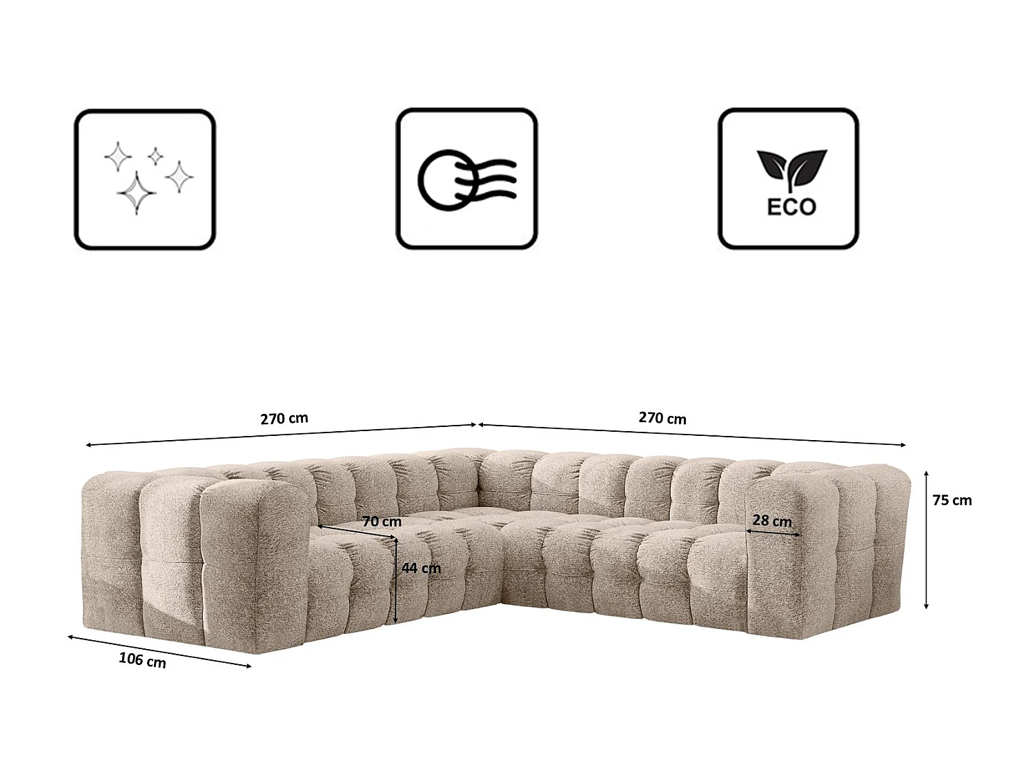 Divano angolare corner con impunture BALOO, tessuto chenille Arena, Beige