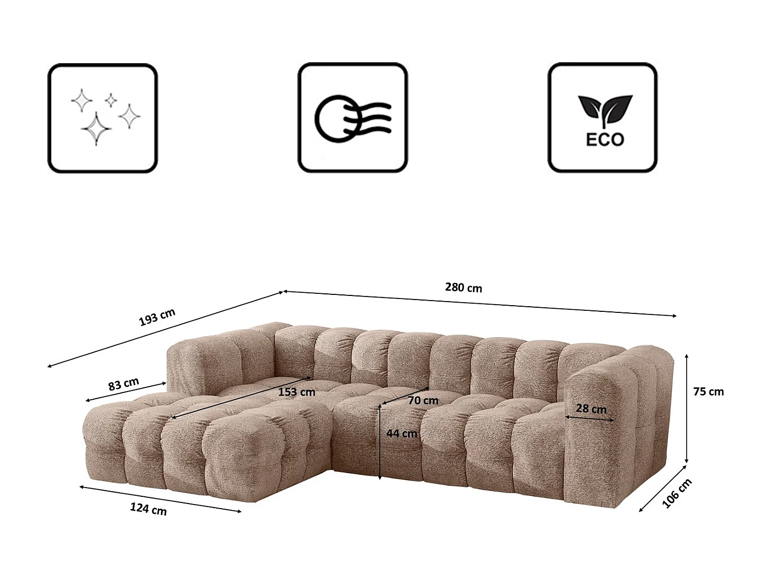 Divano angolare a L BALOO L, tessuto chenille Arena, Beige scuro, Sinistra