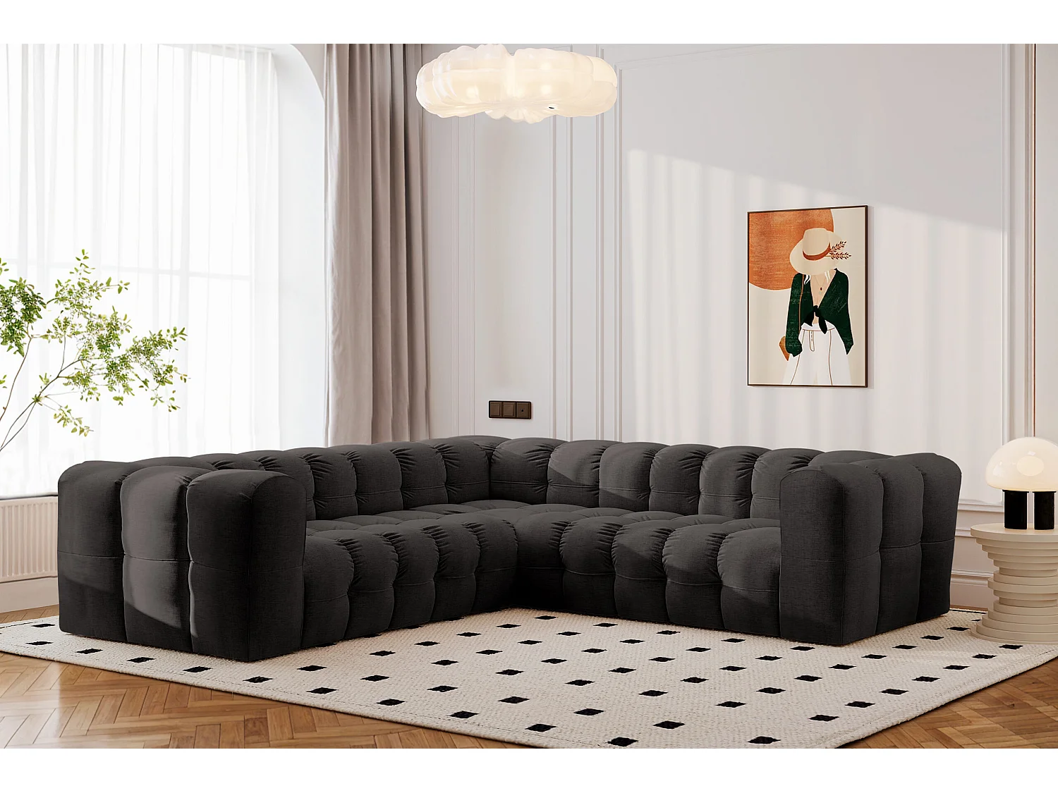 Divano angolare corner con impunture BALOO, tessuto chenille Moly, Nero