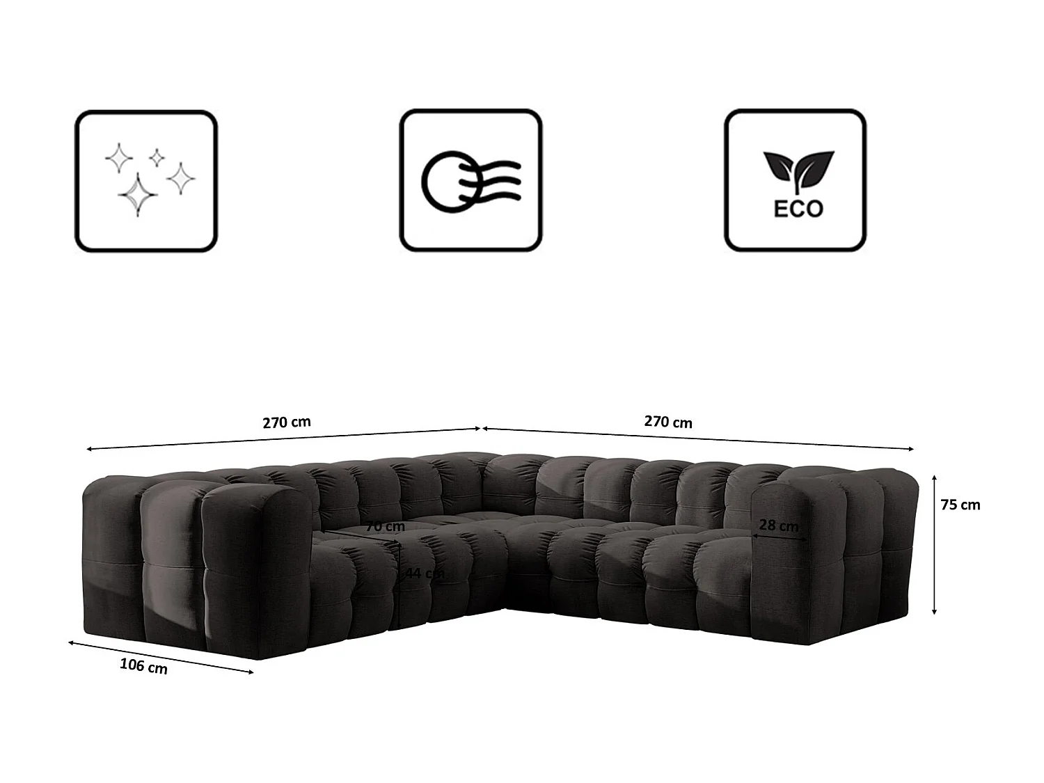 Divano angolare corner con impunture BALOO, tessuto chenille Moly, Nero