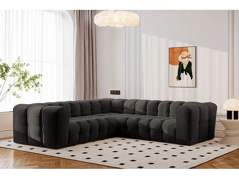 Divano angolare corner con impunture BALOO, tessuto chenille Moly, Nero