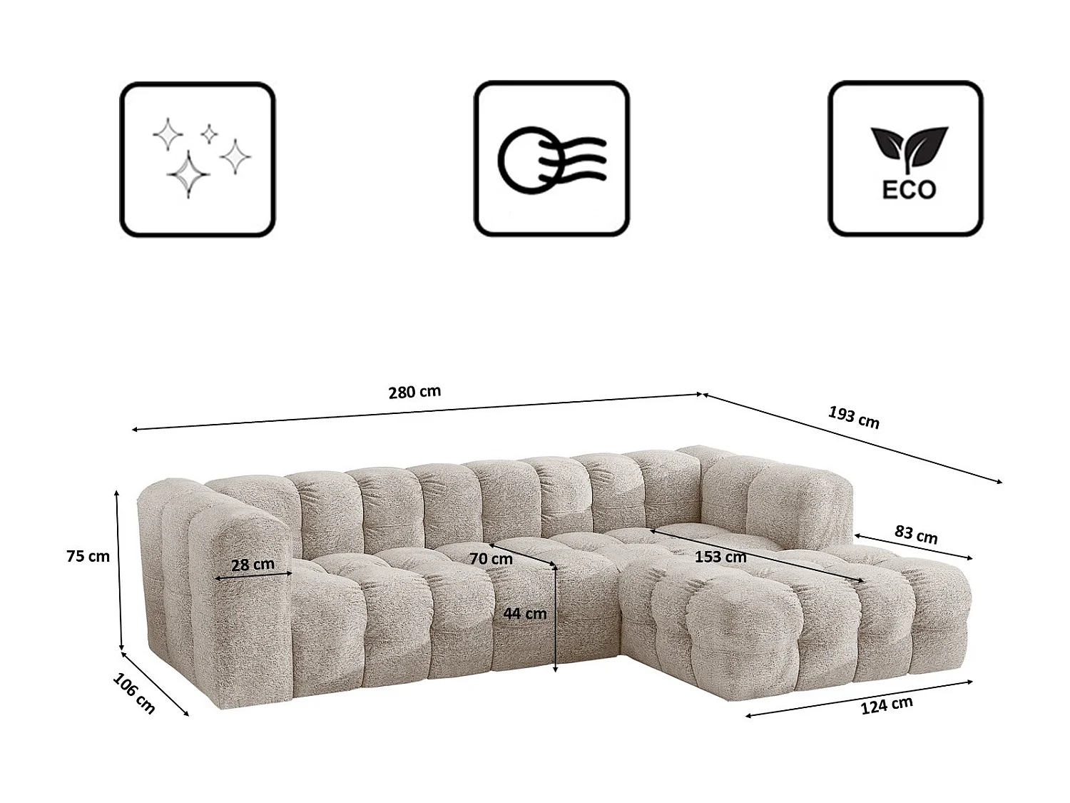 Divano angolare a L BALOO L, tessuto chenille Arena, Ecrù, Destra