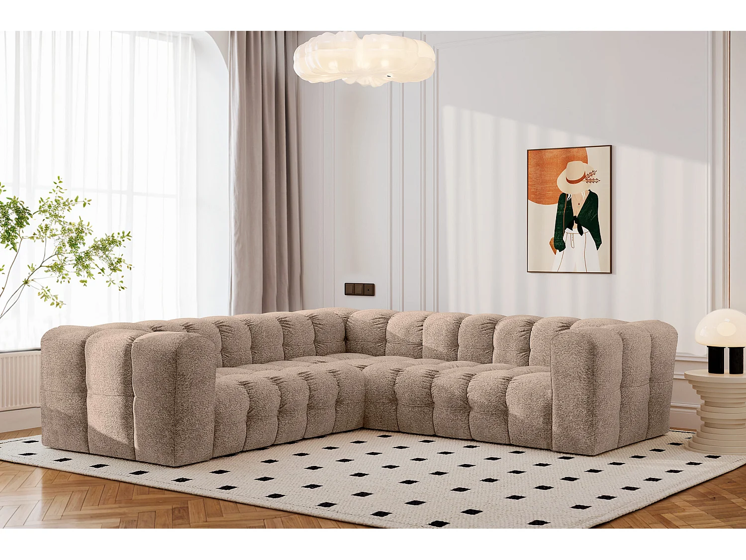 Divano angolare corner con impunture BALOO, tessuto chenille Arena, Beige scuro