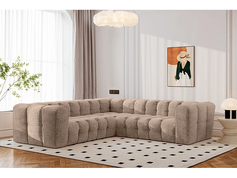 Divano angolare corner con impunture BALOO, tessuto chenille Arena, Beige scuro