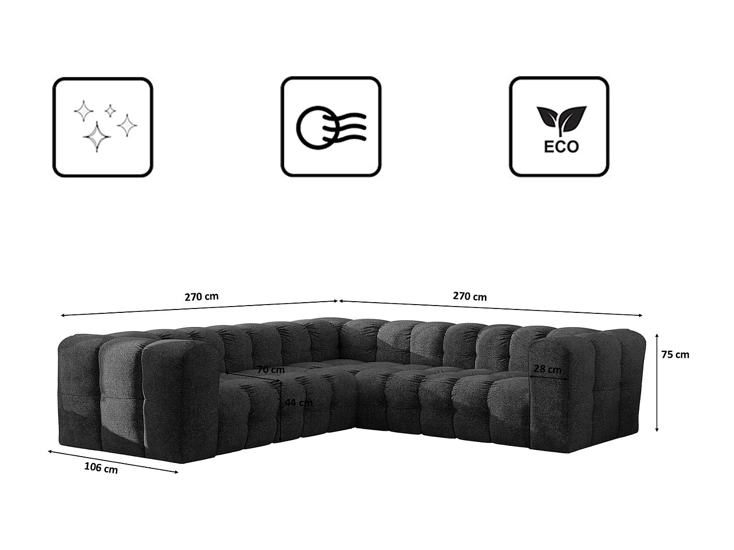 Divano angolare corner con impunture BALOO, tessuto chenille Arena, Grafite