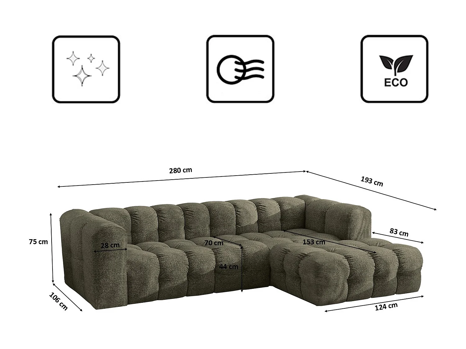 Divano angolare a L BALOO L, tessuto chenille Arena, Verde, Destra